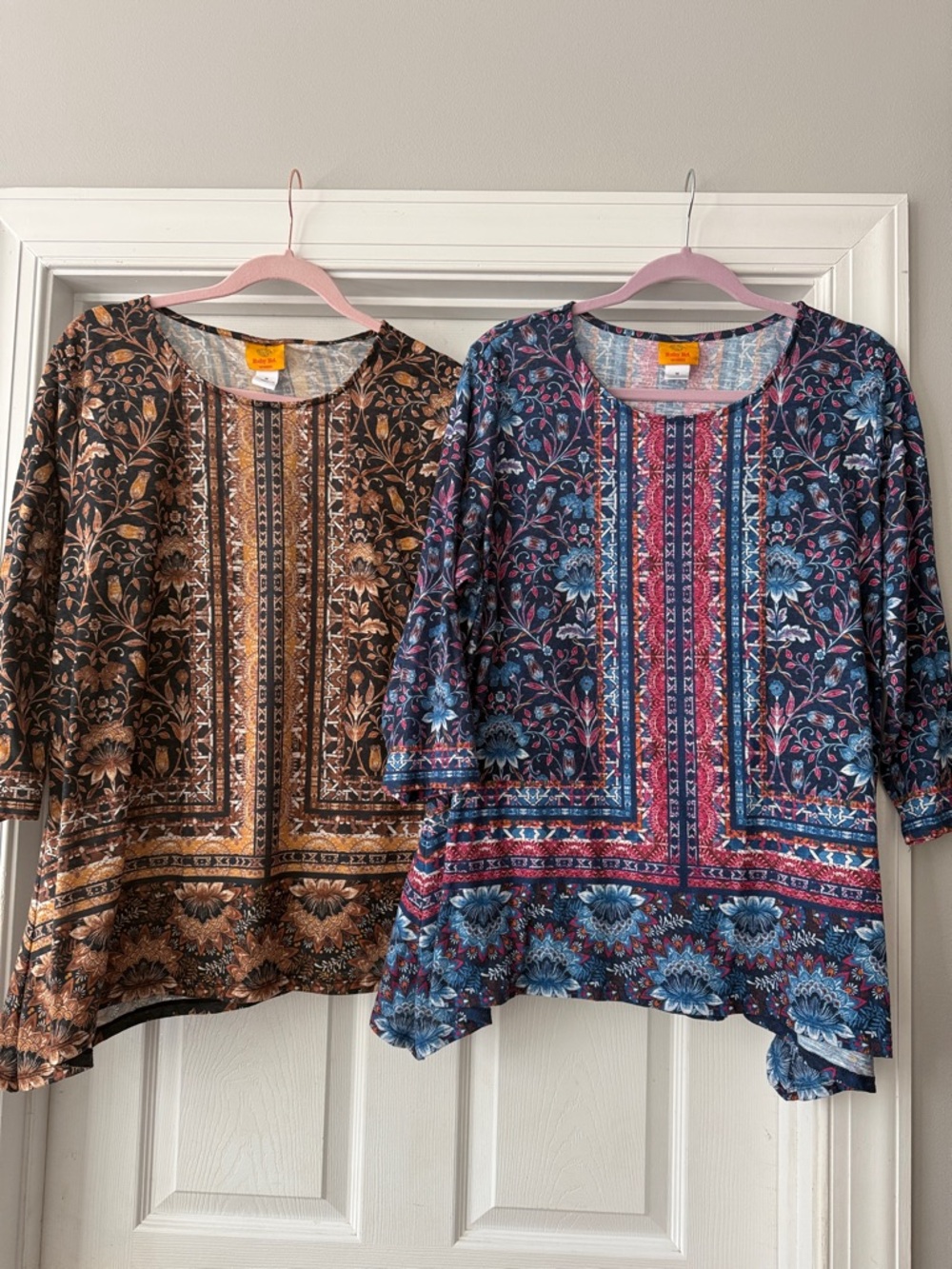 Ruby Rd. Floral Border Tunic Tops - Blue & Brown